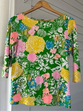 Vintage Lilly Pulitzer Green Floral Boatneck 3/4 Sleeve Top